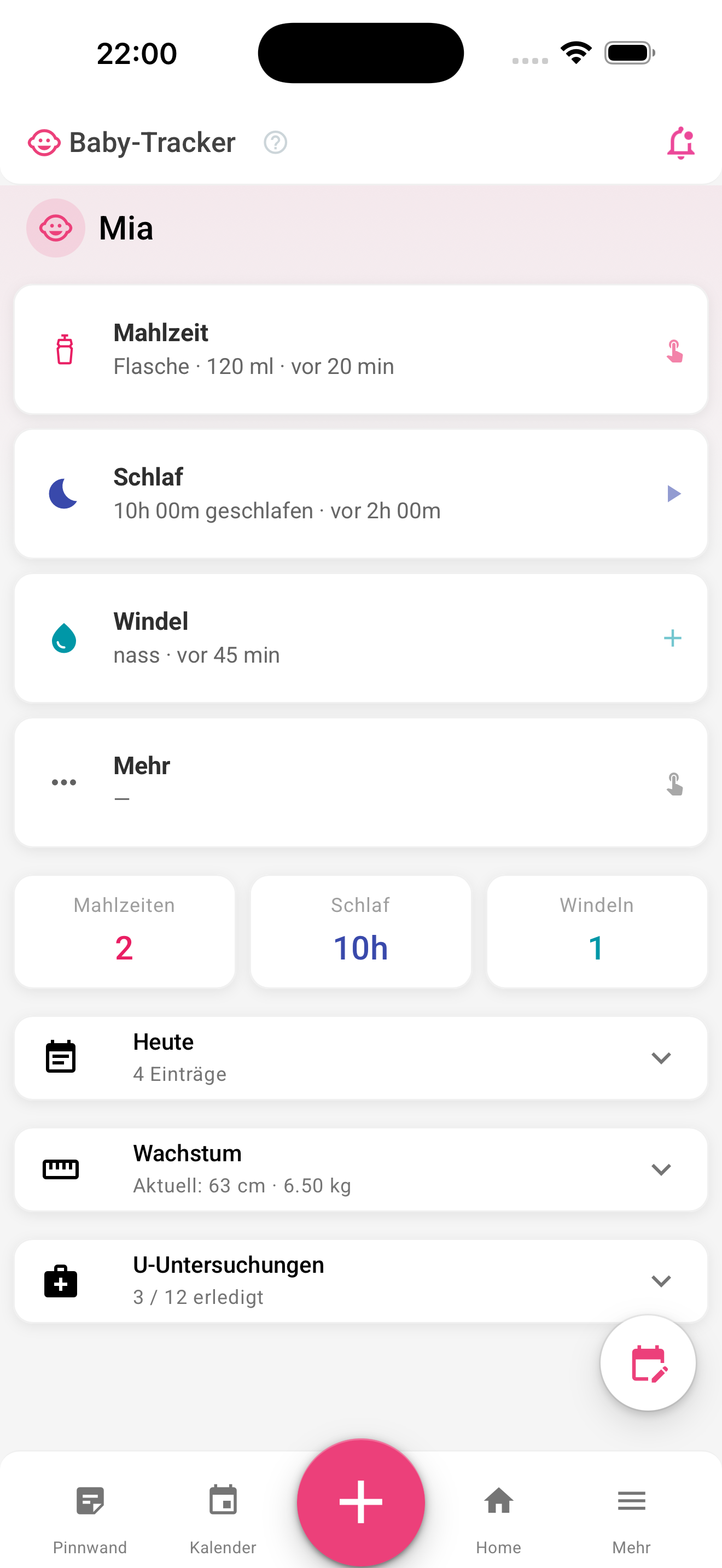 MyNestPlan Babytracker mit Mahlzeiten, Schlaf und Vorsorgeuntersuchungen