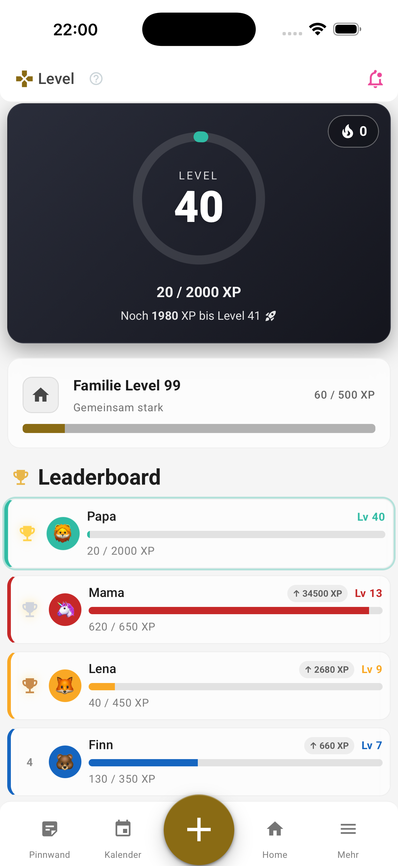 Gamification mit XP und Familien-Level