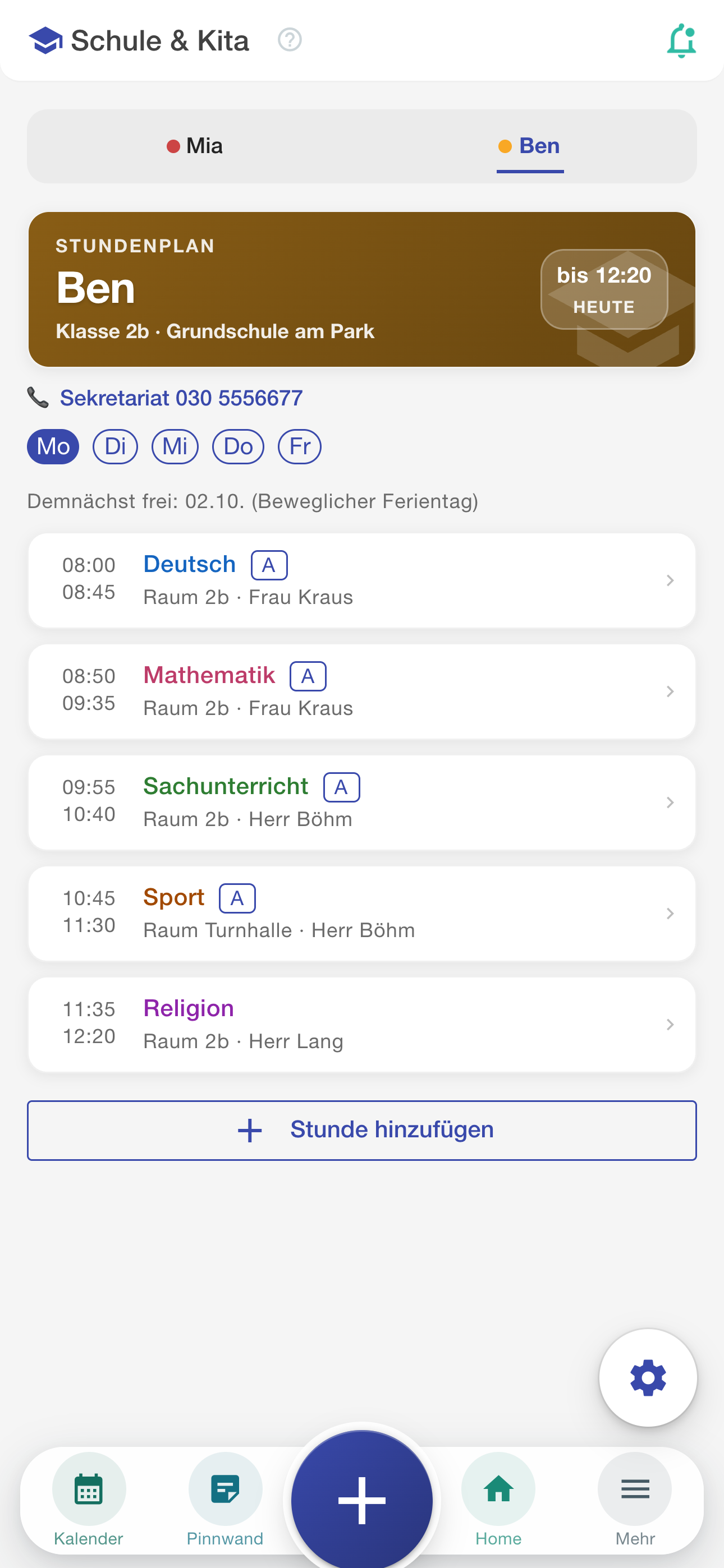 MyNestPlan App: Stundenplan pro Kind mit Fächern in eigenen Farben