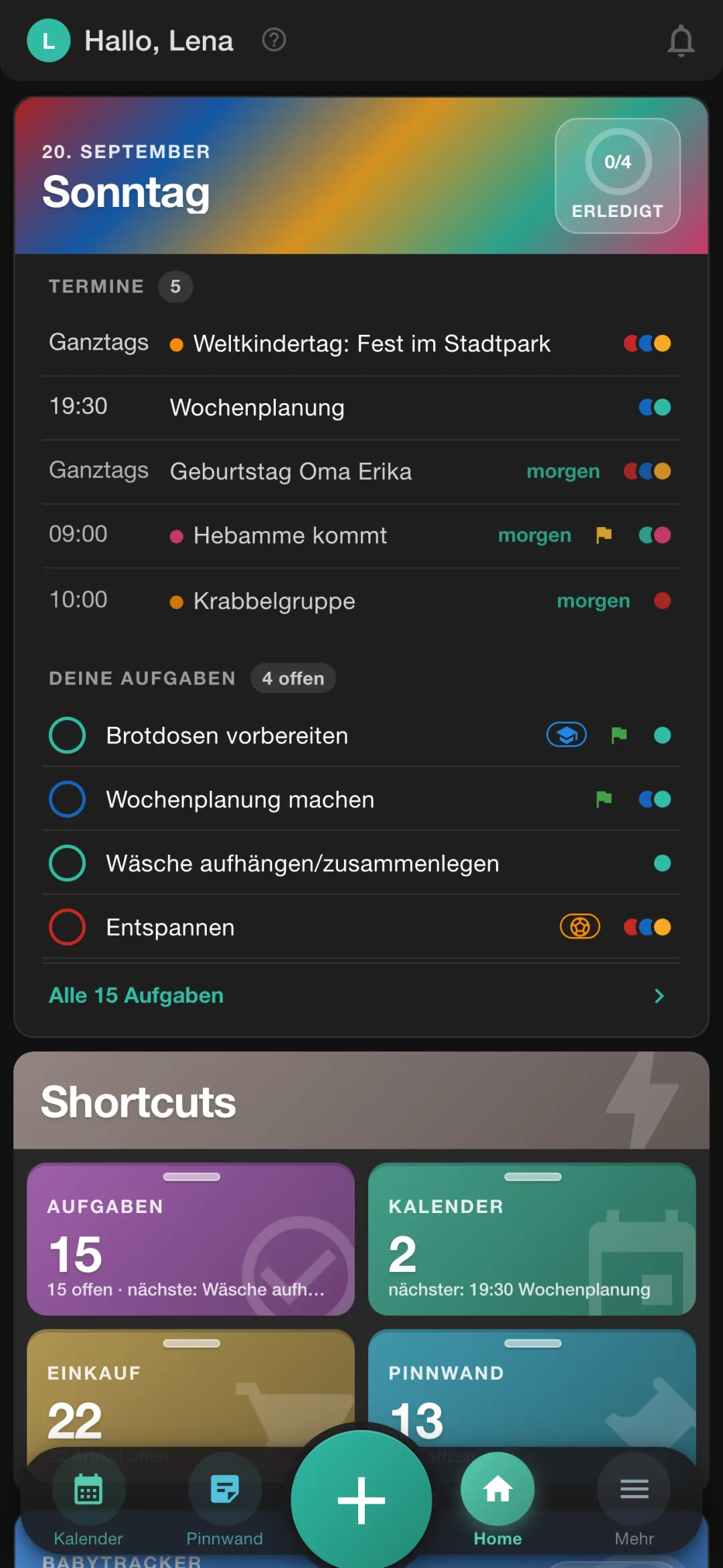 Familien-Dashboard auf dem Handy mit Tageskarte, Aufgaben und Schubladen