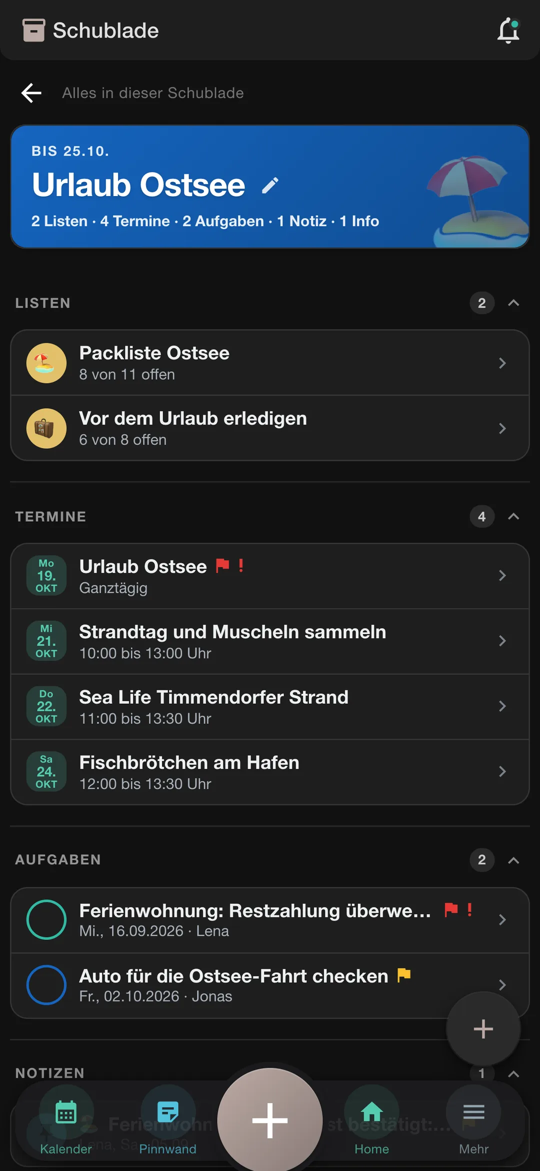 Vorhaben Urlaub Ostsee mit Packliste, Terminen, Aufgaben, Notiz und Kontakt