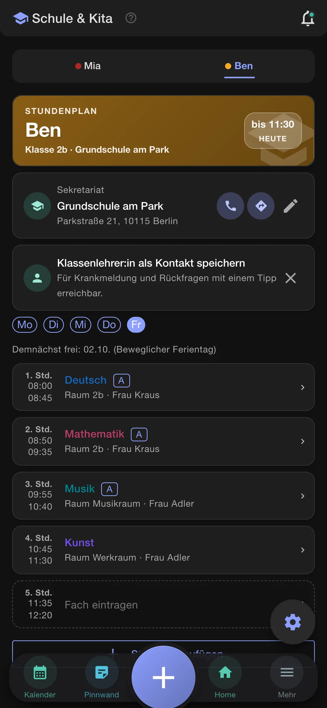 Stundenplan von Ben mit Fächern und Zeiten