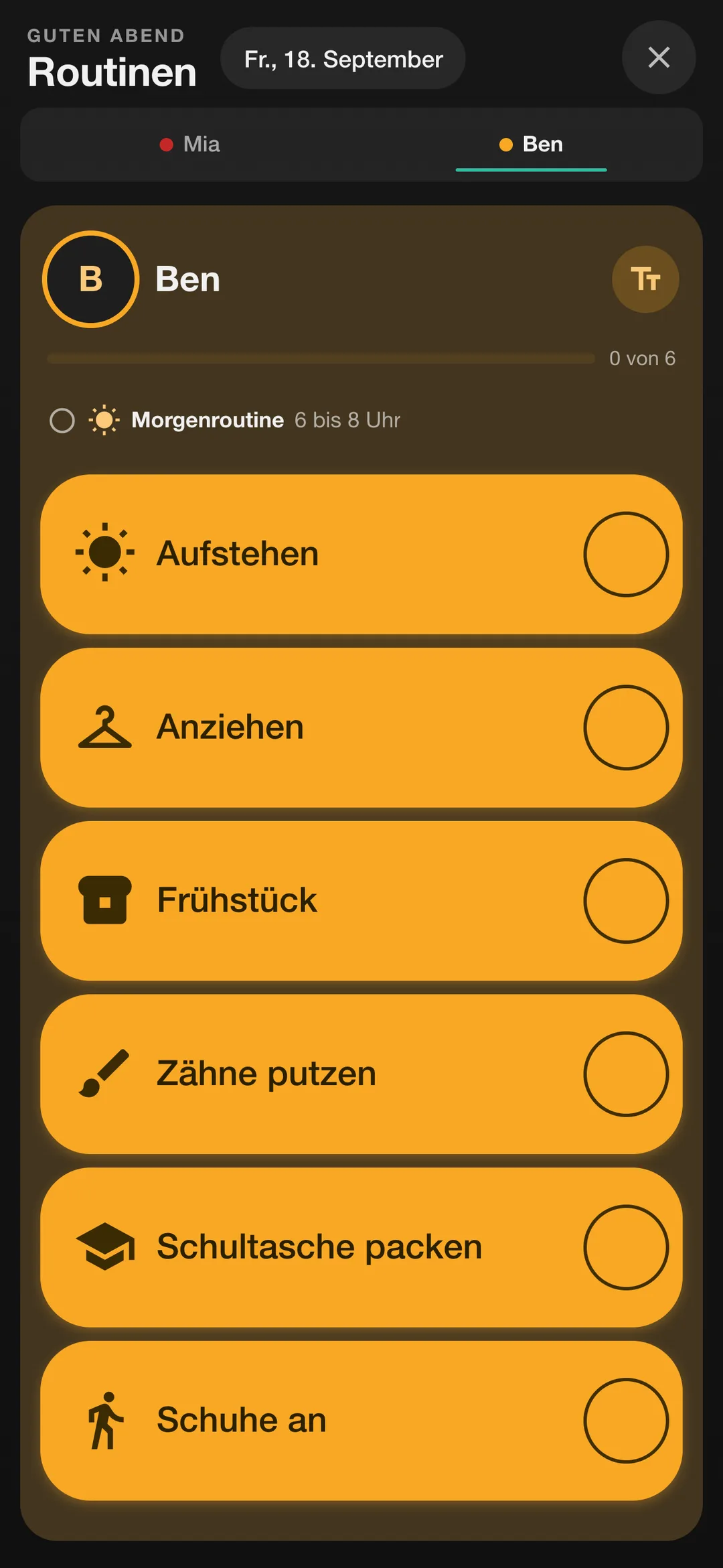 Morgenroutine auf dem Handy zum Abhaken, oben die Kinder als Tabs