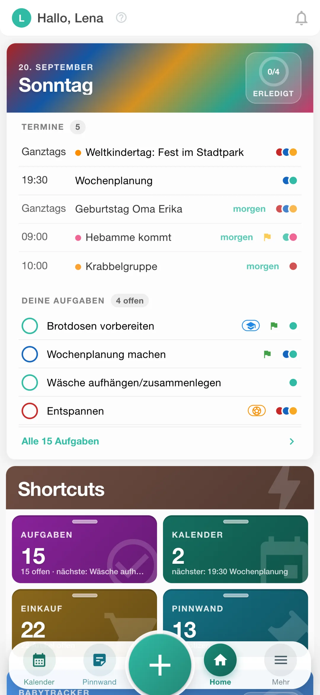 Familien-Dashboard auf dem Handy mit Tageskarte, Aufgaben und Schubladen
