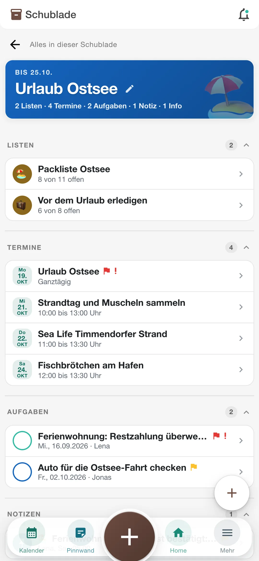 Vorhaben Urlaub Ostsee mit Packliste, Terminen, Aufgaben, Notiz und Kontakt
