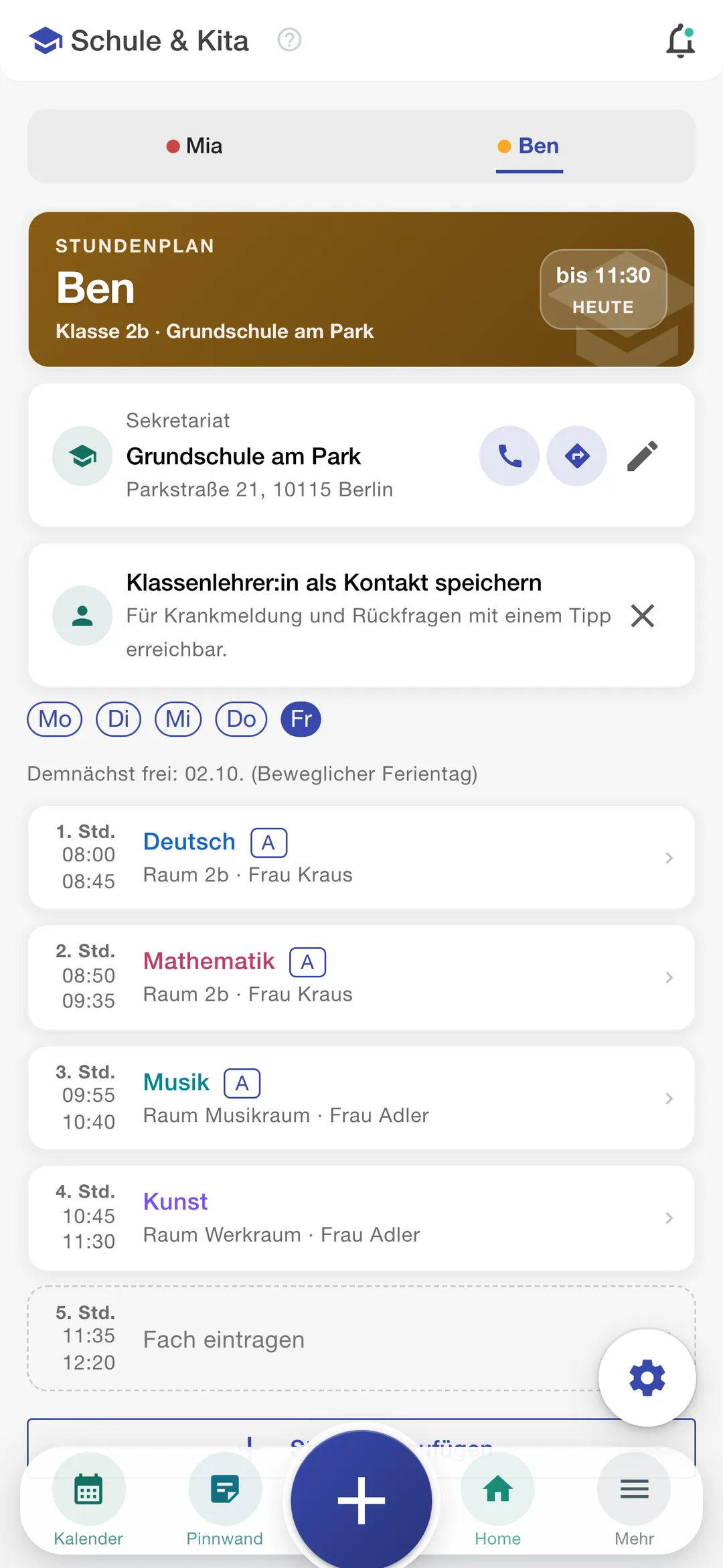 Stundenplan von Ben mit Fächern und Zeiten