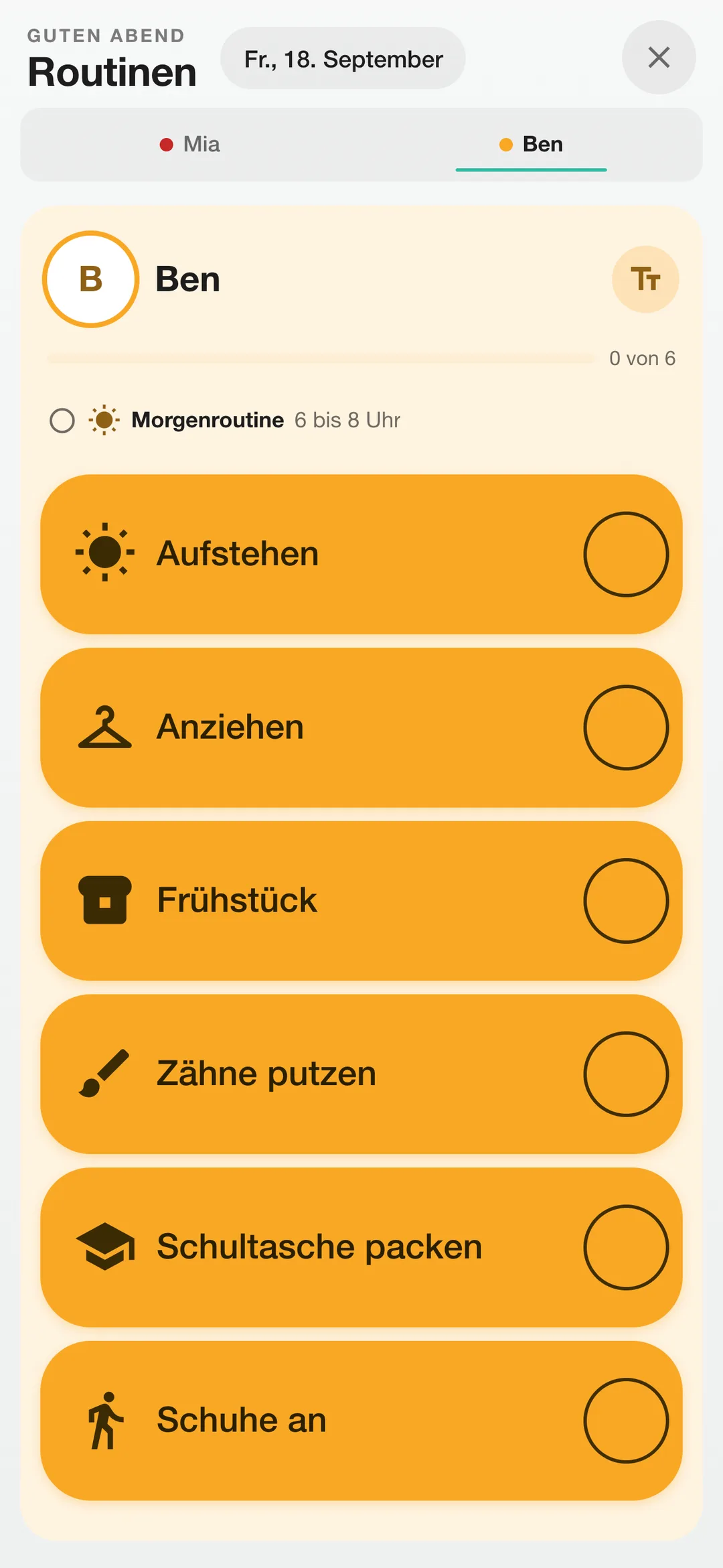 Morgenroutine auf dem Handy zum Abhaken, oben die Kinder als Tabs