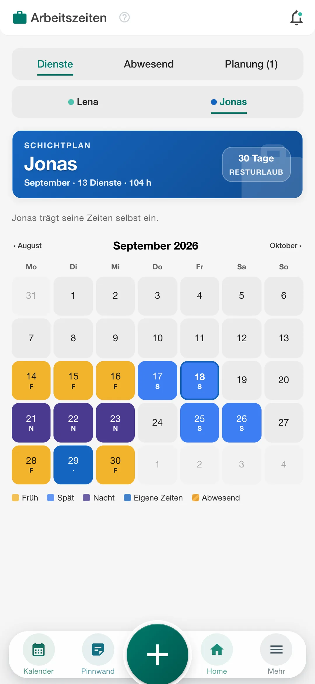 Schichtplan mit Früh-, Spät- und Nachtdiensten