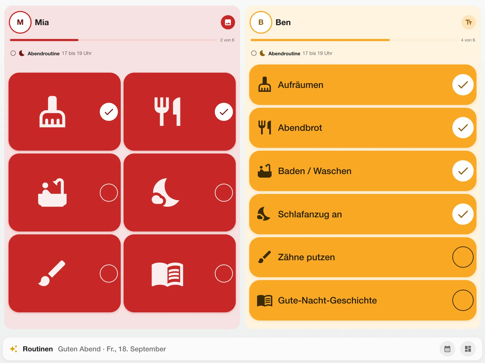 Routinen-Board im Flur: Morgenroutine der ganzen Familie nebeneinander zum Abhaken