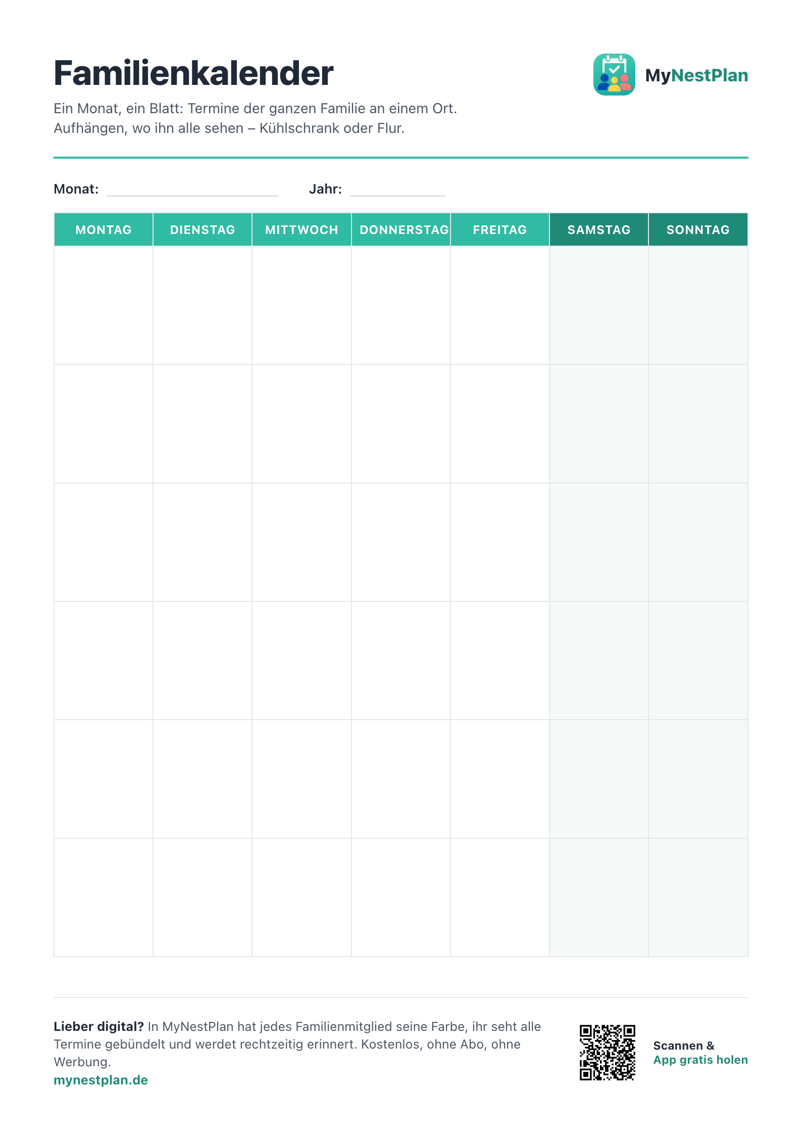 Familienkalender-Vorlage als PDF