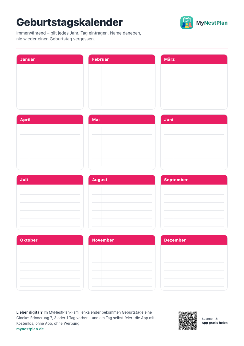Vorschau der Geburtstagskalender-Vorlage von MyNestPlan