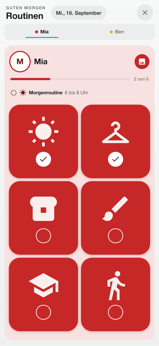 MyNestPlan App: Morgenroutine nur mit Bildern, Kinder haken selbst ab